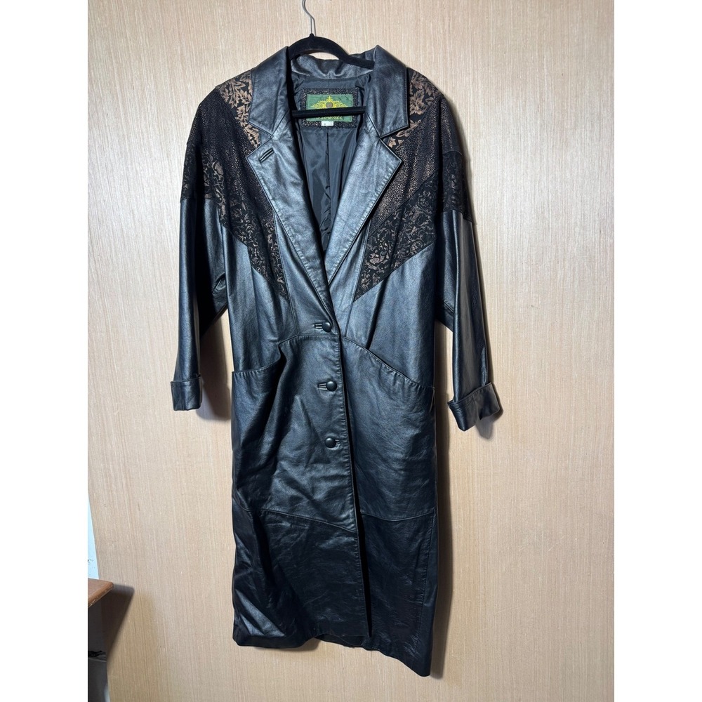 Vintage 90's Avanti Leather Coat Black Lace Trim‎ Long Trench Jacket Womens